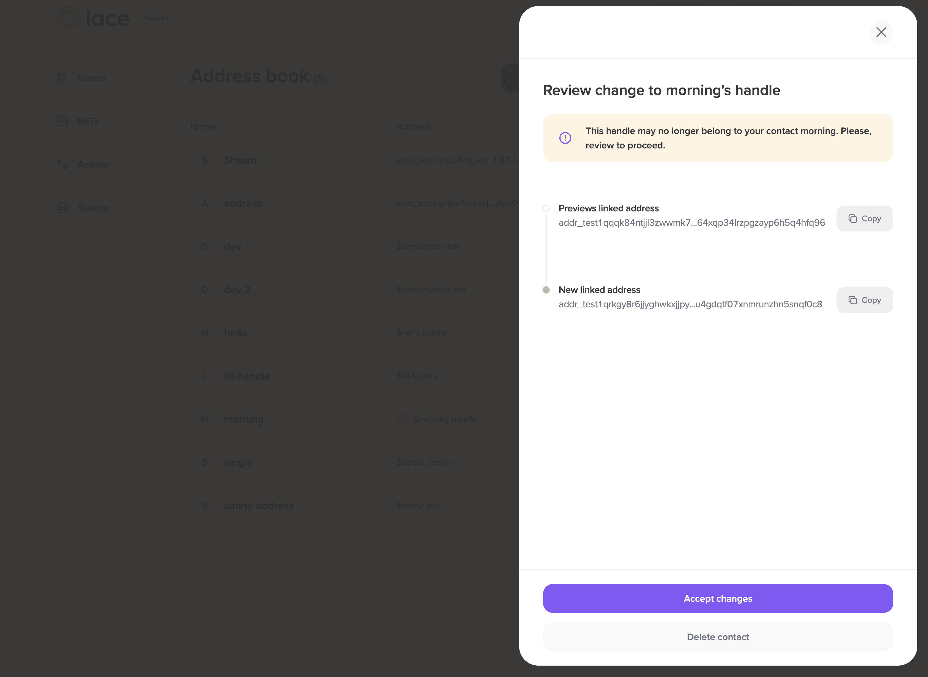 ownership change handle warning message