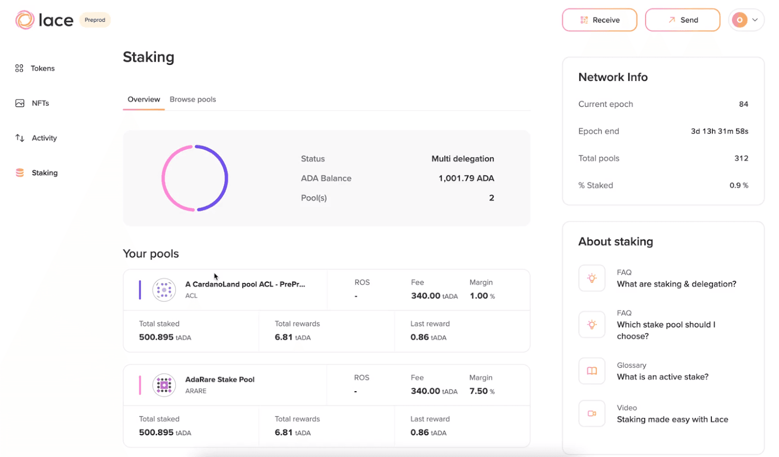 Lace wallet multi-delegation dashboard