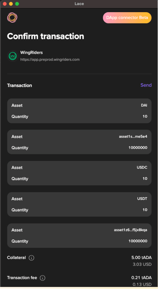 Collateral information in Lace wallet