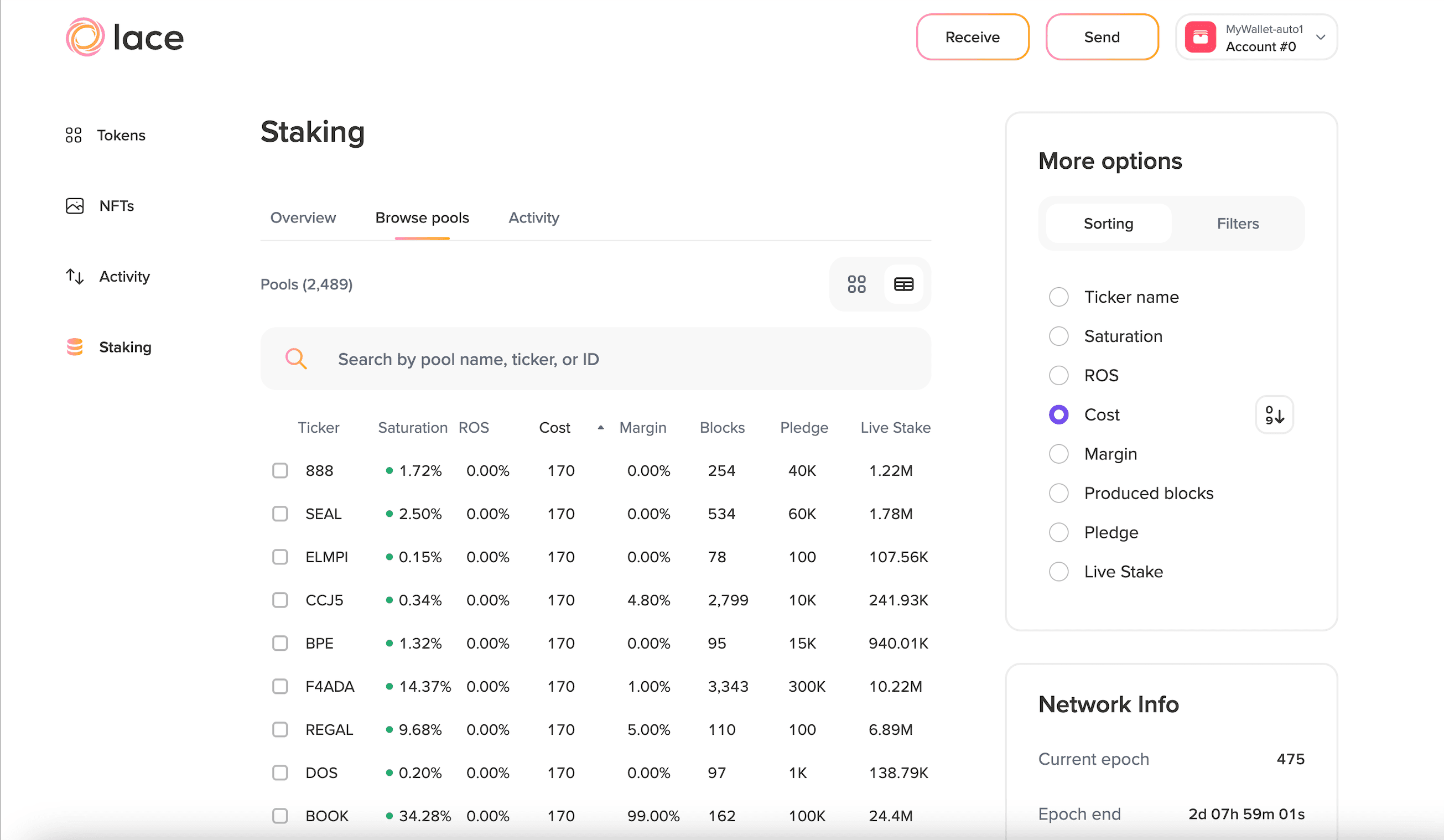new stake pool view in Lace wallet