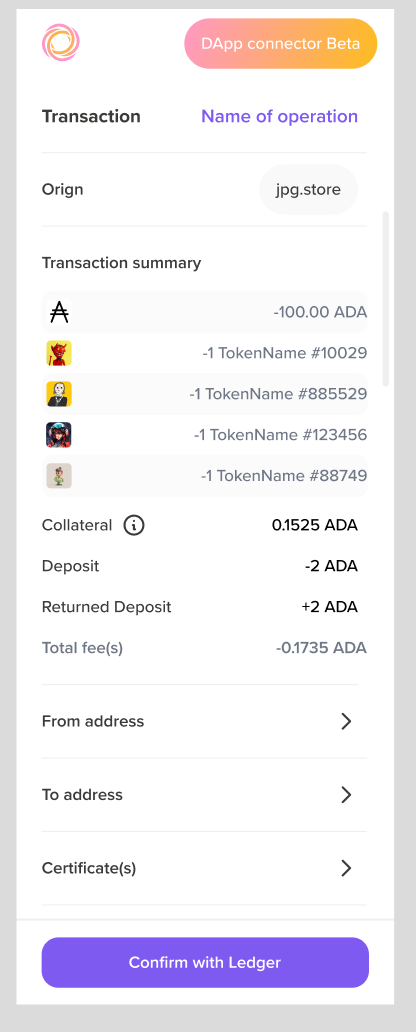 Transaction summary in Lace wallet