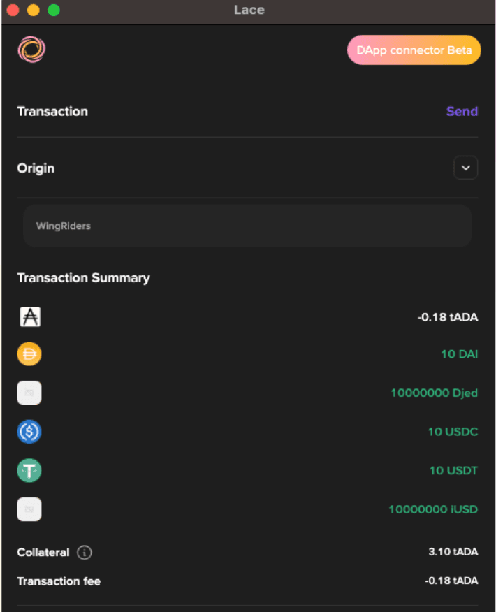 Improved collateral information in Lace wallet
